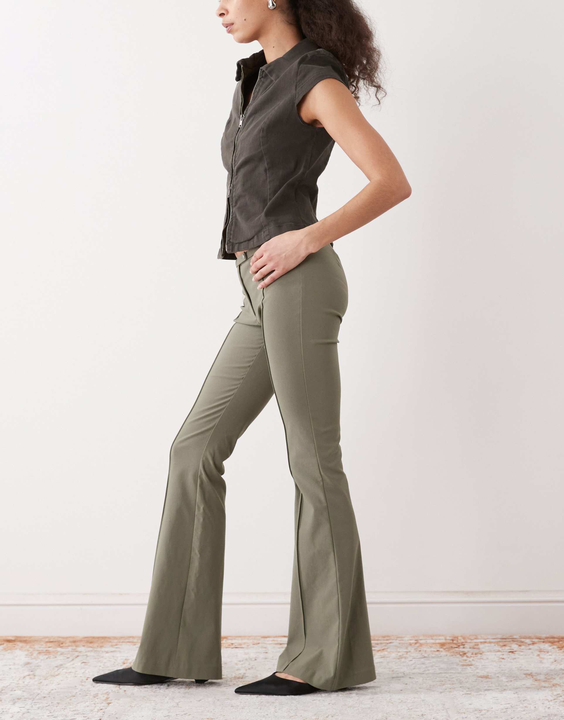 monki flared tailored pants in deep olive
