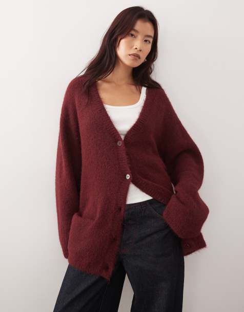 Monki – Flauschige Oversize-Strickjacke in Burgunderrot - view 1