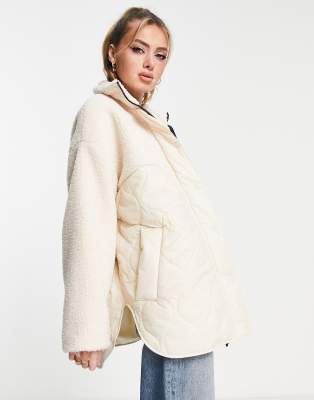 Monki fleece jacket with diamond quilting in beige