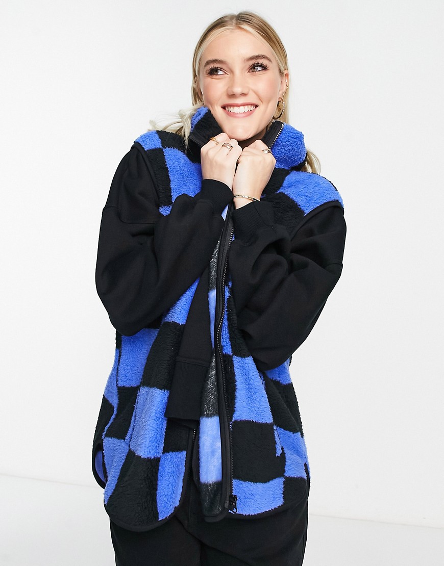 Monki fleece vest in black and blue checkerboard-Multi