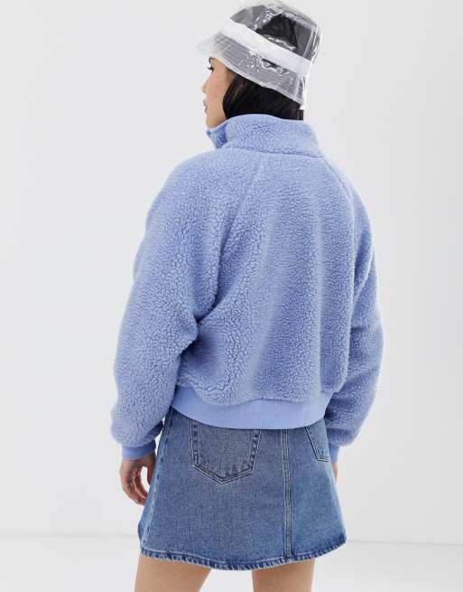 Monki fleece zip up bomber jacket in blue