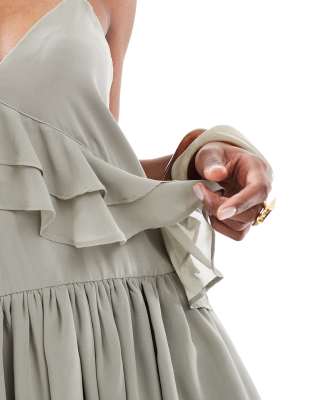 Monki Floaty Frill Mini Dress In Green