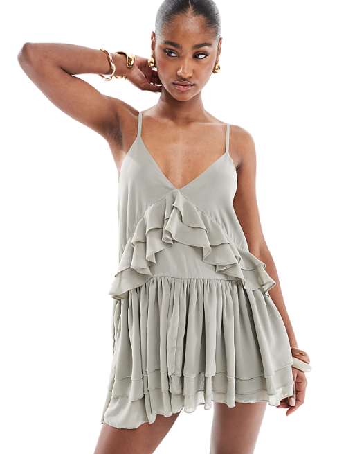 Monki floaty frill mini dress in khaki green | ASOS Monki floaty frill mini dress in khaki green | ASOS
