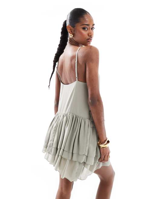 Monki floaty frill mini dress in khaki green