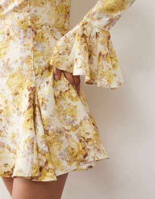 Monki Slim Long-sleeved Mini Flounce Dress In Yellow