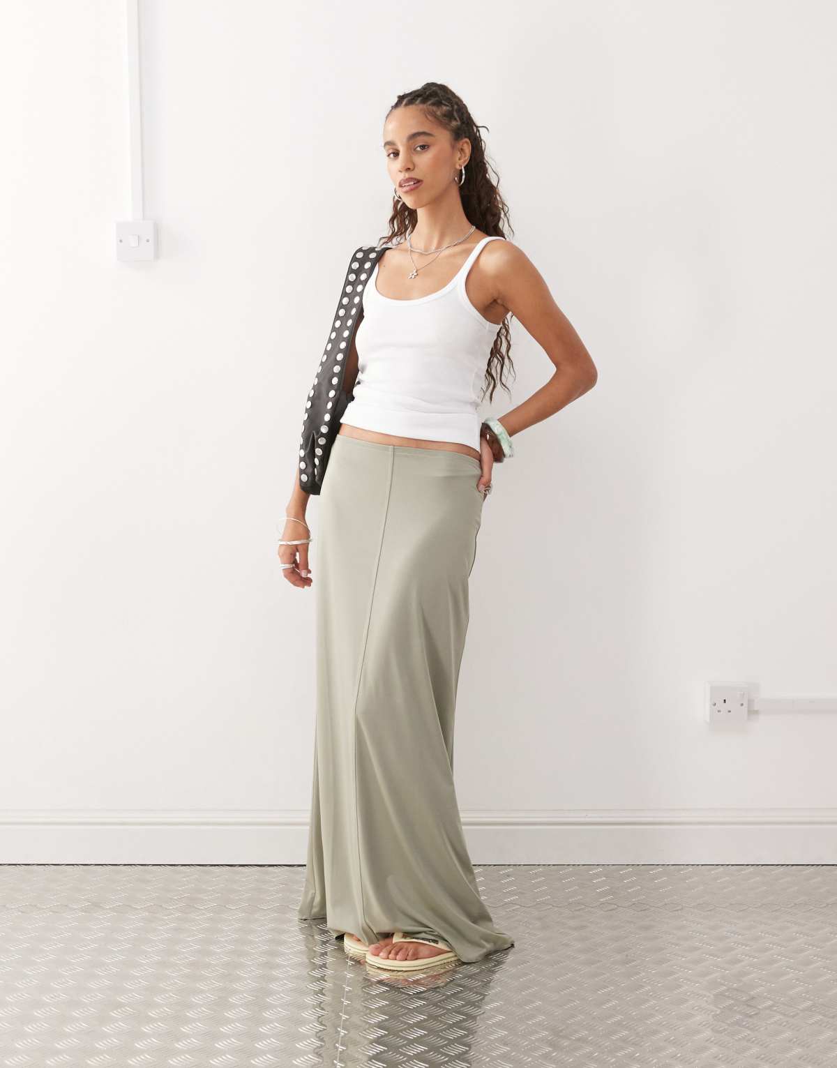 Monki floaty maxi skirt in khaki