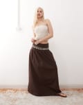 [Monki] Monki floaty poplin maxi skirt with drop waist detail in dark brown 36 Brown