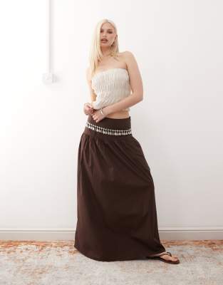 floaty poplin maxi skirt with dropped waist detail in dark brown