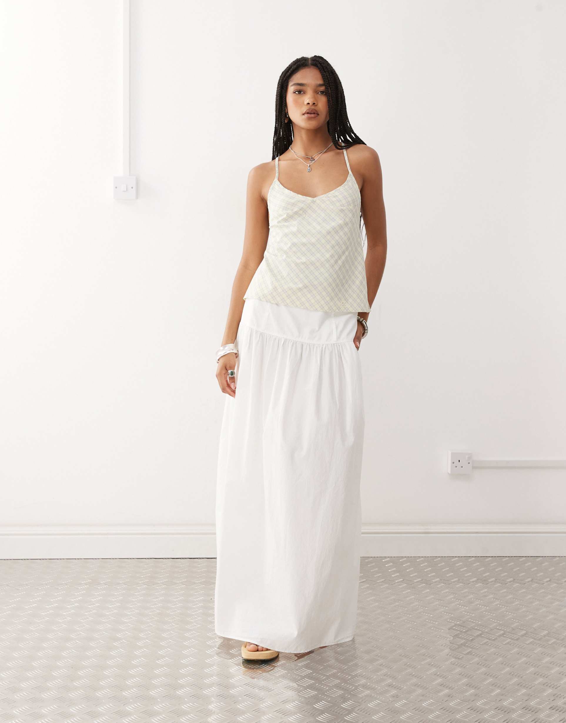 monki floaty poplin maxi skirt with dropped waist detail in white