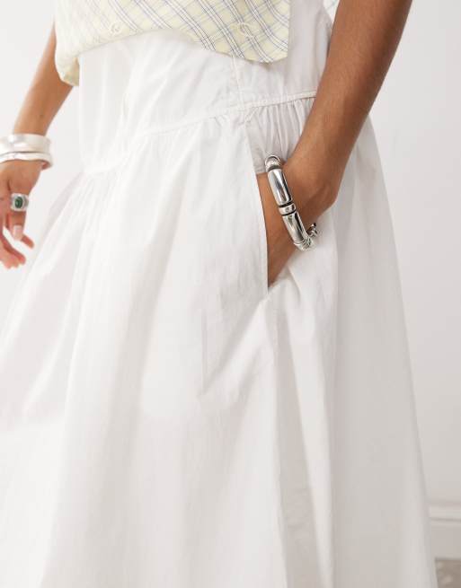 Monki floaty poplin maxi skirt with dropped waist detail in white