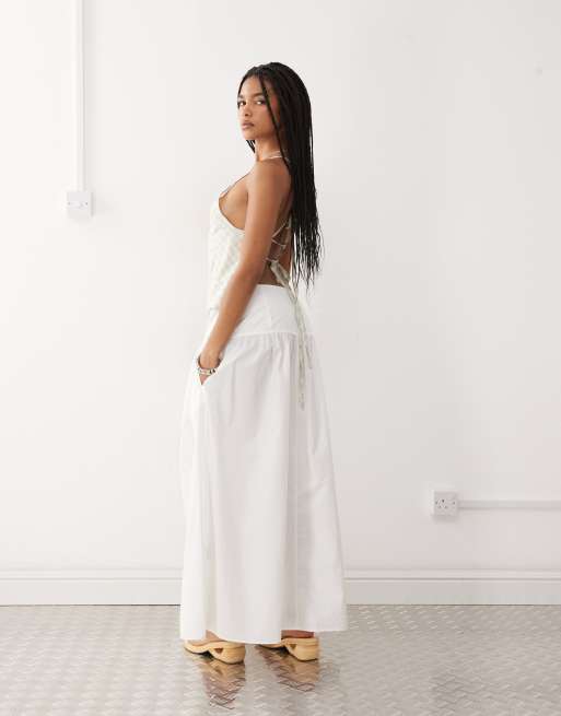 Monki floaty poplin maxi skirt with dropped waist detail in white