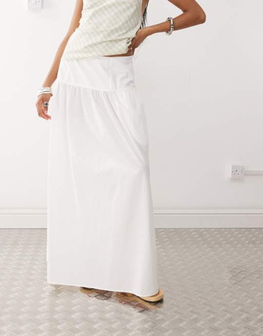 Monki floaty poplin maxi skirt with dropped waist detail in white