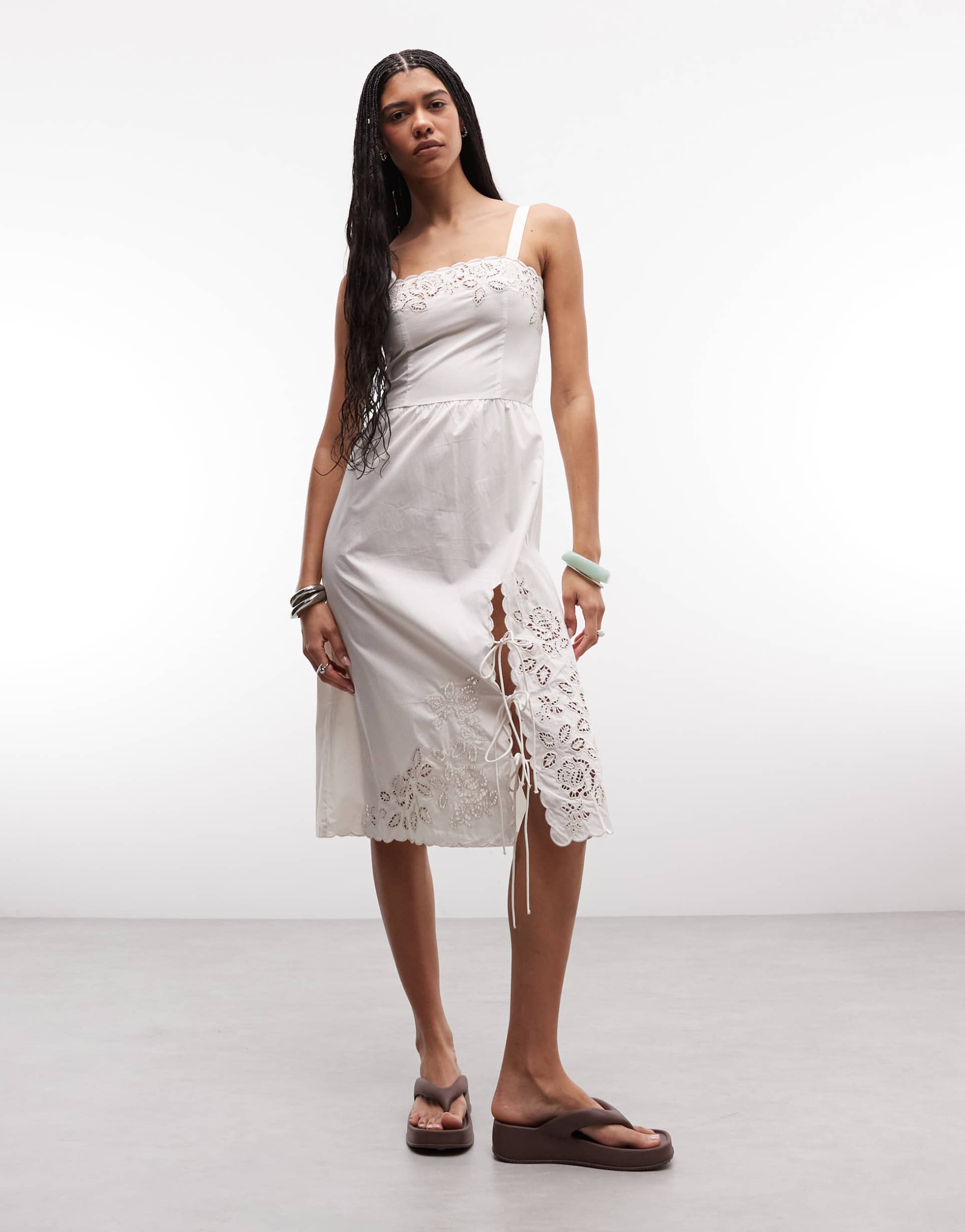 monki floral broderie midi dress in white