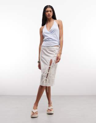 Monki floral broderie midi skirt in white