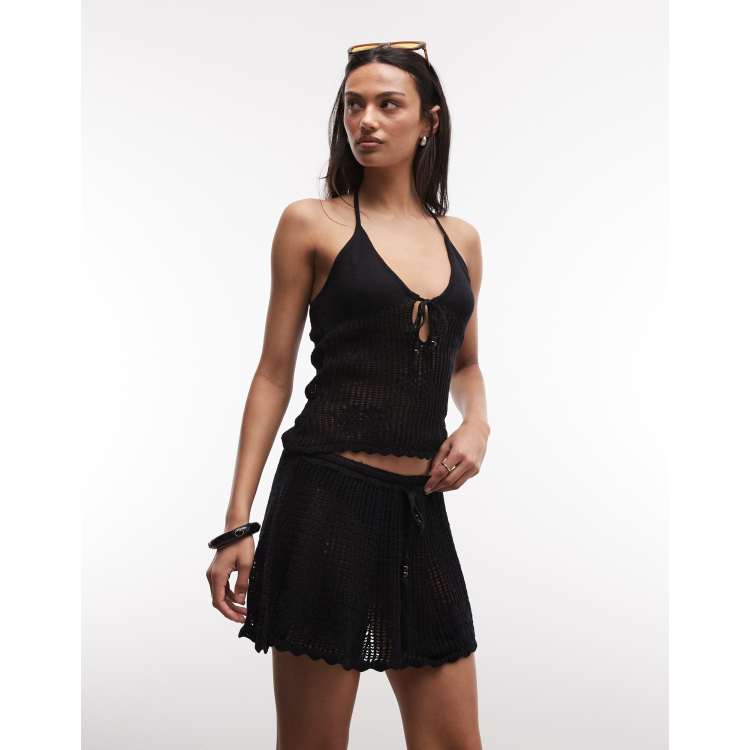 Monki floral crochet beach mini skirt in black | ASOS