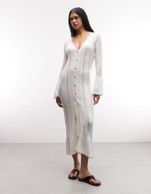 Monki Floral Crochet Style Maxi Cardigan In White