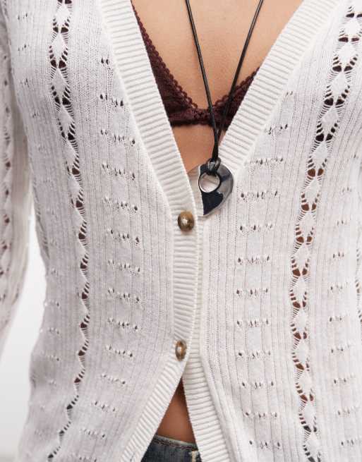 Monki floral crochet style maxi cardigan in white, 3 of 4