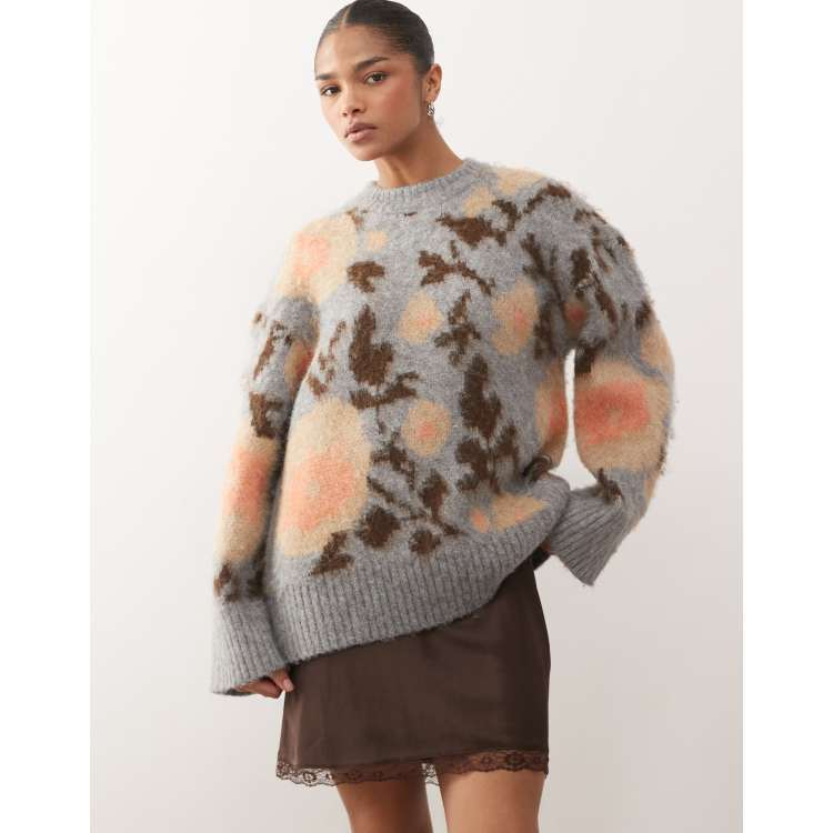 Monki floral jacquard knit sweater in gray and jacquard print | ASOS