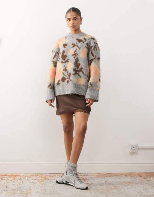 Monki floral jacquard knit sweater in gray and jacquard print | ASOS