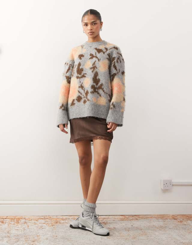 Monki floral jacquard knit sweater in gray and jacquard print | ASOS