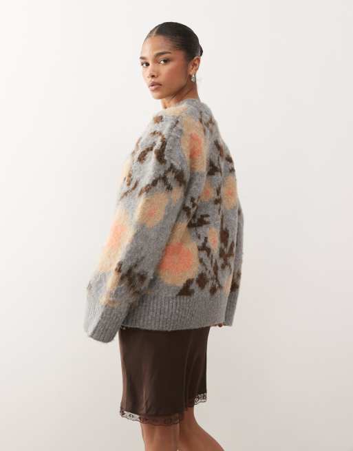 Monki floral jacquard knit sweater in gray and jacquard print | ASOS