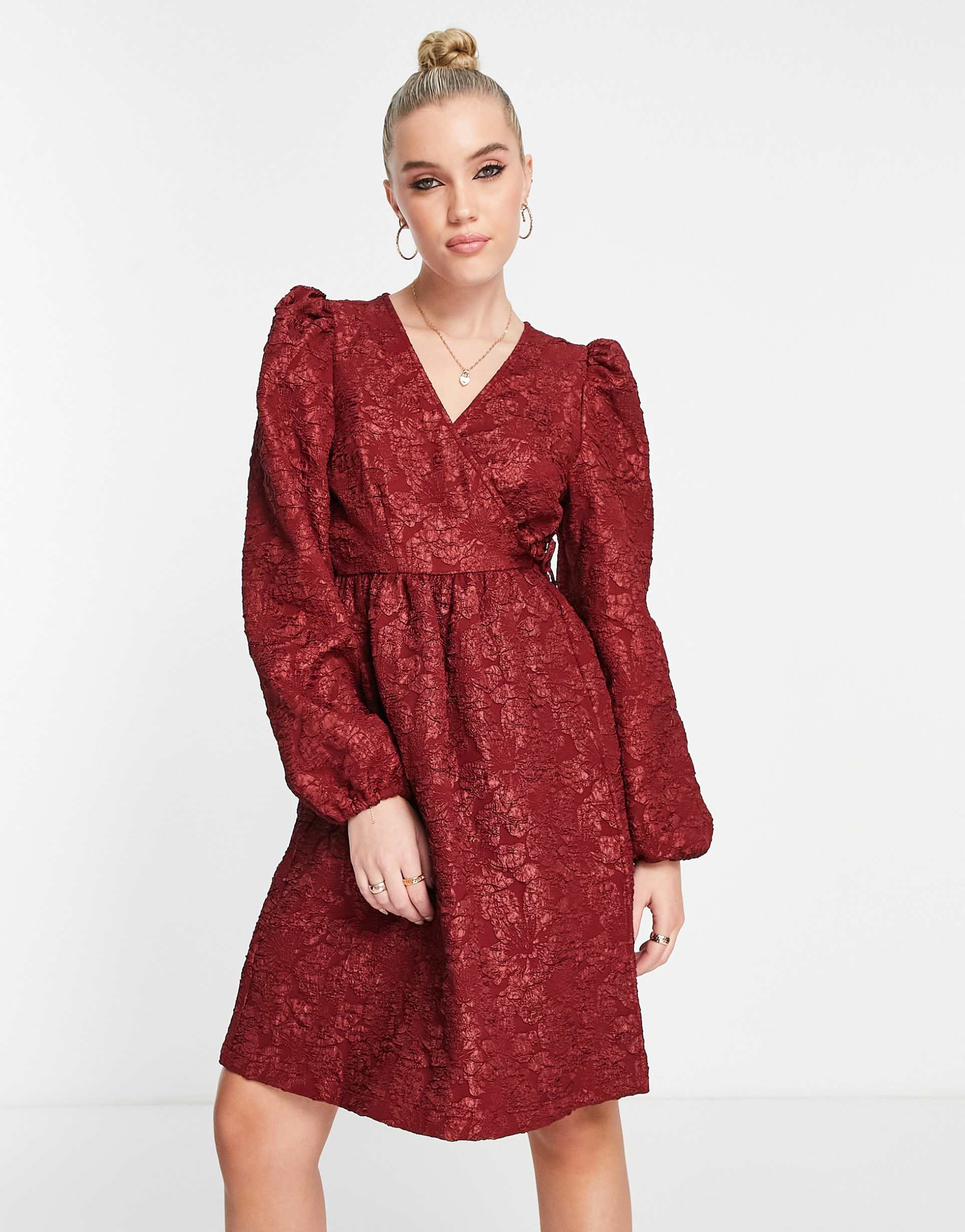 monki floral jacquard wrap mini dress in burgundy