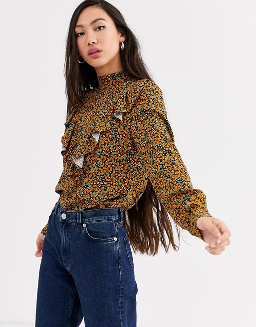 Monki floral print frill top in mustard