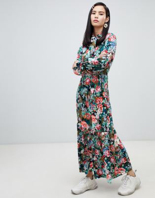 Monki floral print high neck maxi dress in blue-Multi