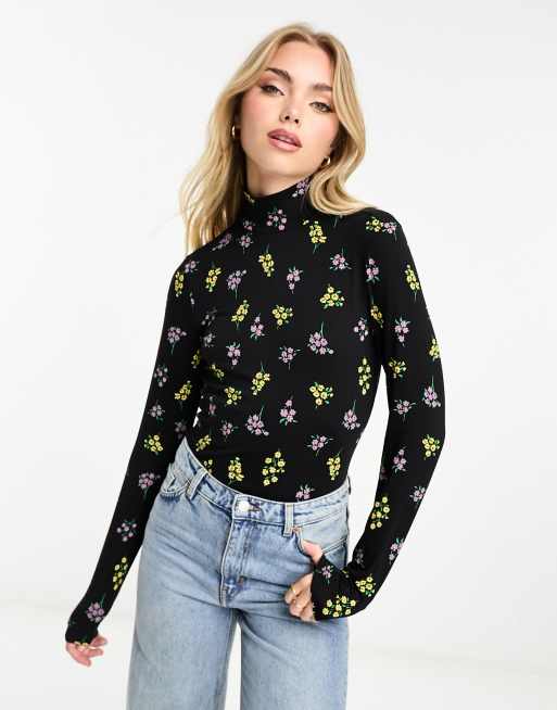 Monki Floral Print Long Sleeve Top In Black Asos