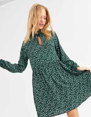 Monki floral print mini smock dress in dark green