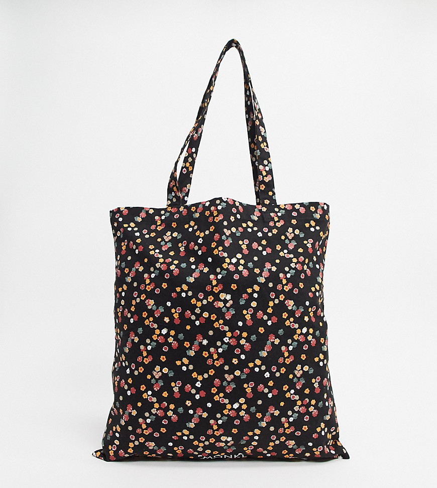 Monki floral print organic cotton tote bag in black