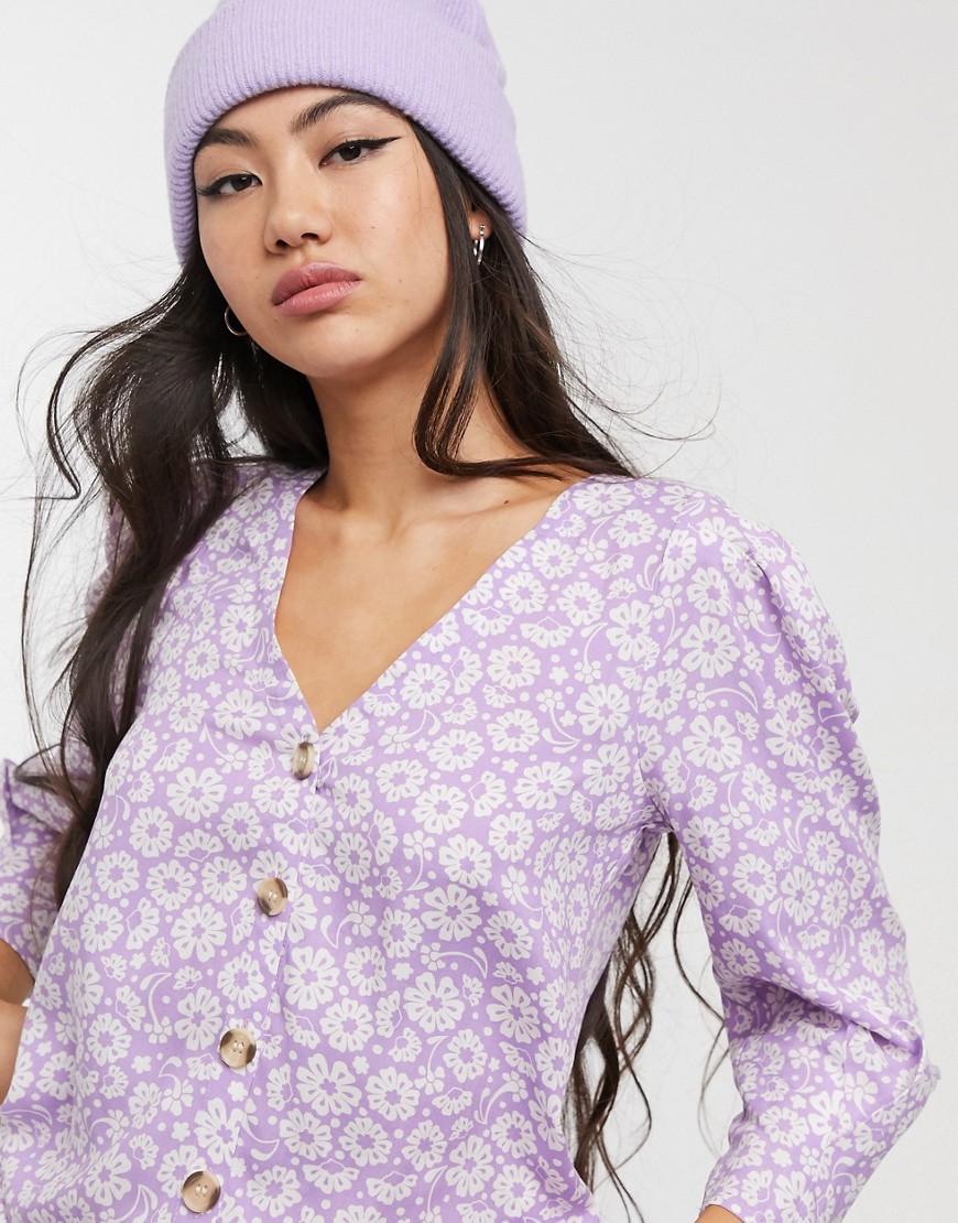Monki Floral Print Puff Sleeve Button Through Blouse In Lilac-purple