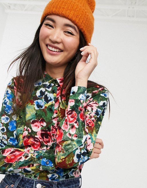Monki floral print relaxed fit blouse in green