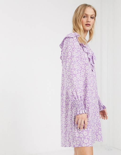 Monki floral print ruffle detail smock dress in lilac