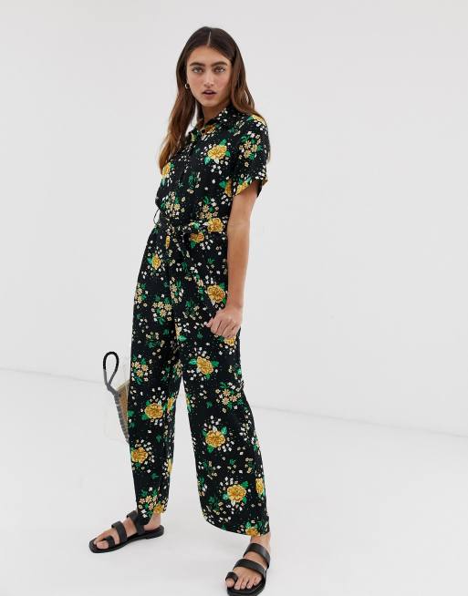 Monki floral print tie waist jumpsuit in black | ASOS