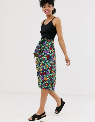 Monki floral print tie waist midi skirt in black