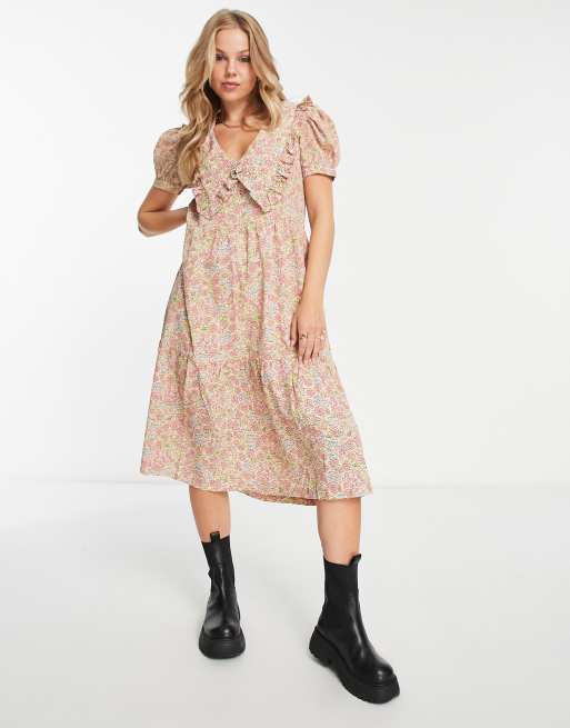 Monki floral print tiered midi dress with collar detail in multi floral  print