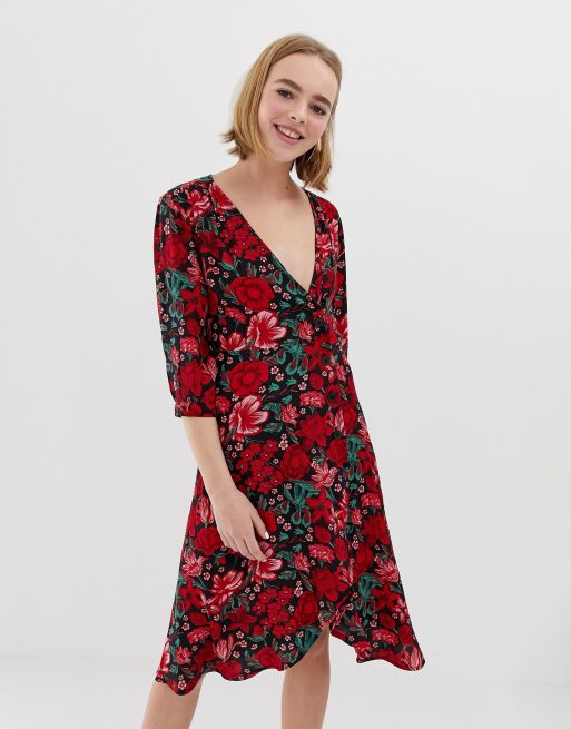 Monki floral print wrap dress with buttons in red | ASOS