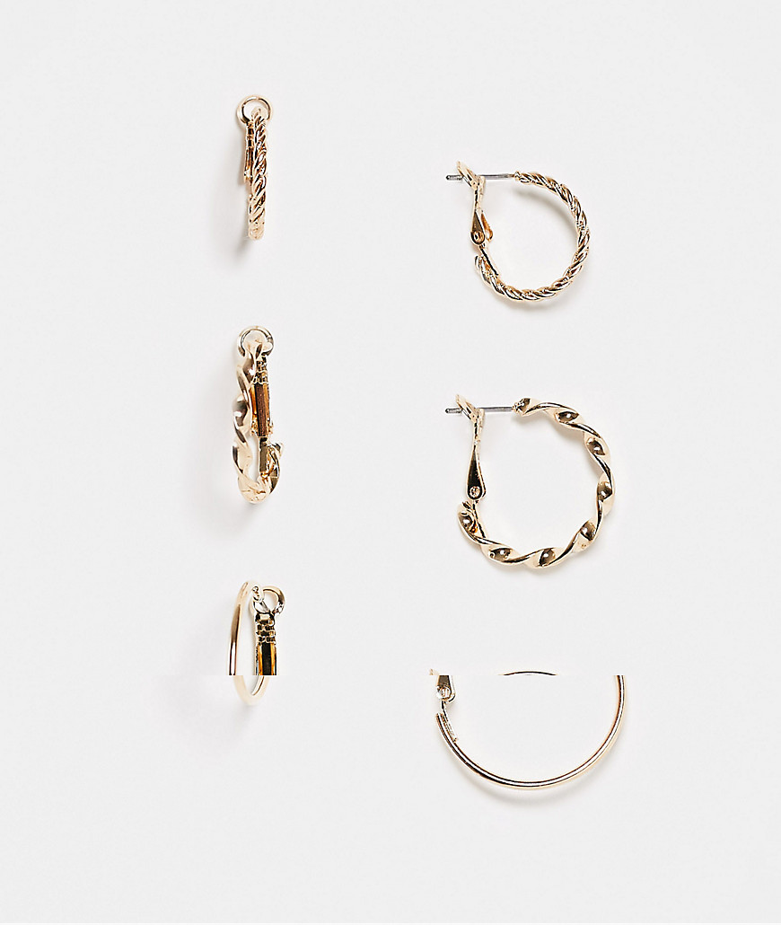 Monki Florette 3 pack textured hoop earrings in gold