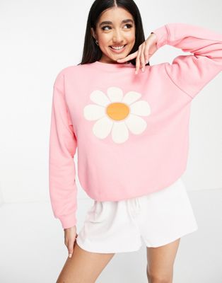 Monki flower motif sweatshirt in pink