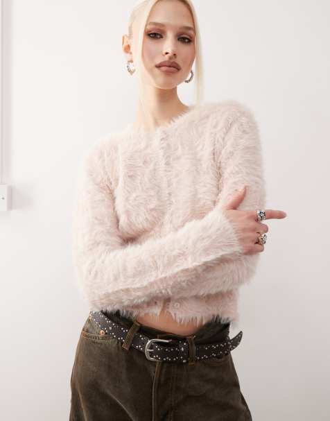 Monki fluffy knit cardigan in light dusty pink - view 1