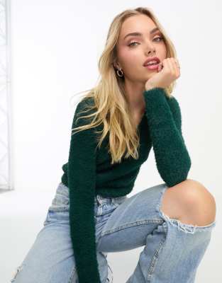 fluffy knit cropped long sleeve top in dark green