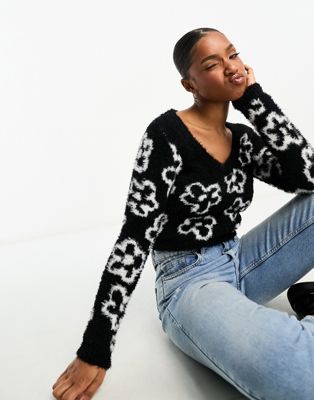 Monki fluffy knit shrunken long sleeve sweater in black mono floral jacquard