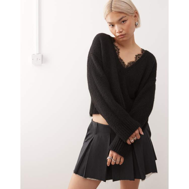 Monki fluffy knit v-neck sweater with lace trim in black | ASOS