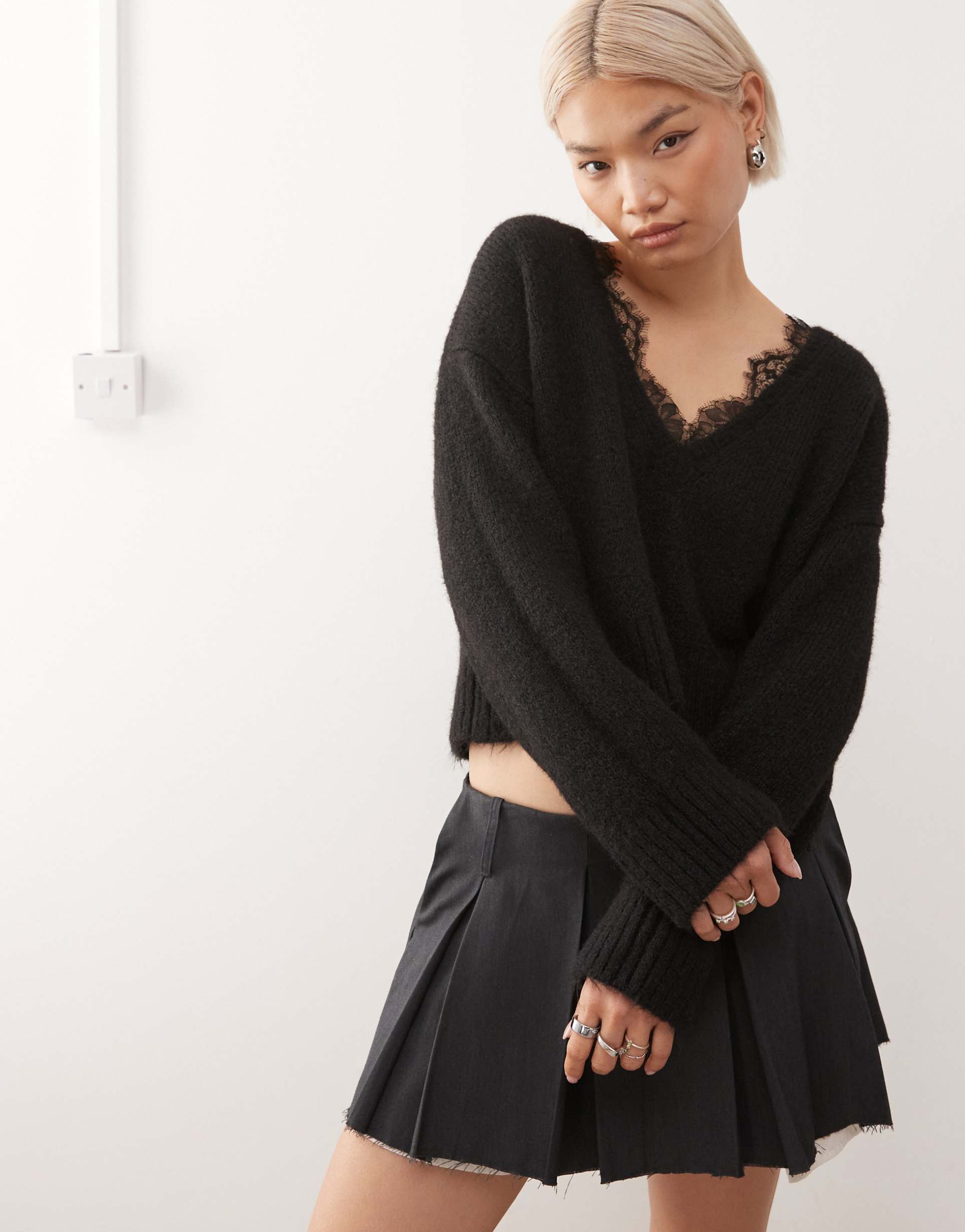monki fluffy knit v-neck sweater with lace trim in black