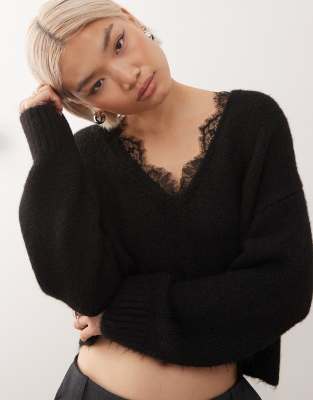 Monki Fluffy Knit V-neck Sweater With Lace Trim In Black