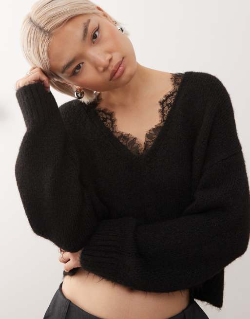 Monki fluffy knit v-neck sweater with lace trim in black