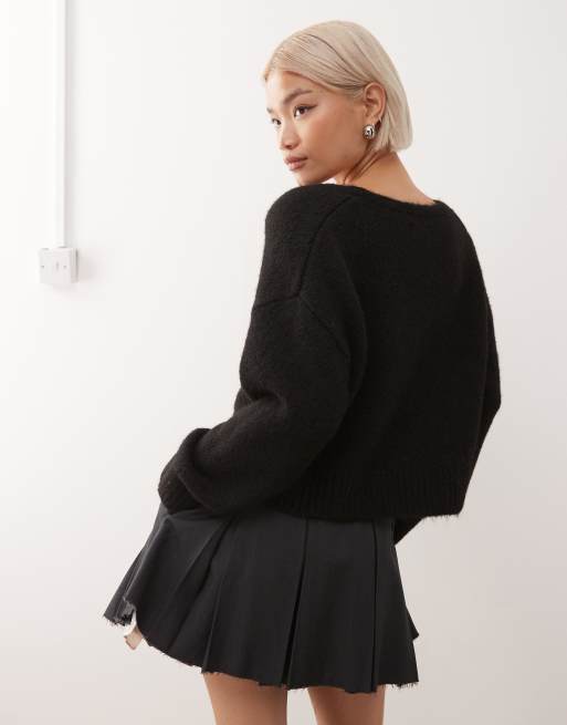 Monki fluffy knit v-neck sweater with lace trim in black
