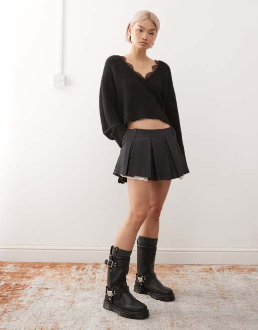 Monki fluffy knit v-neck sweater with lace trim in black