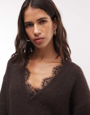Monki Fluffy Knit V-neck Sweater With Lace Trim In Brown